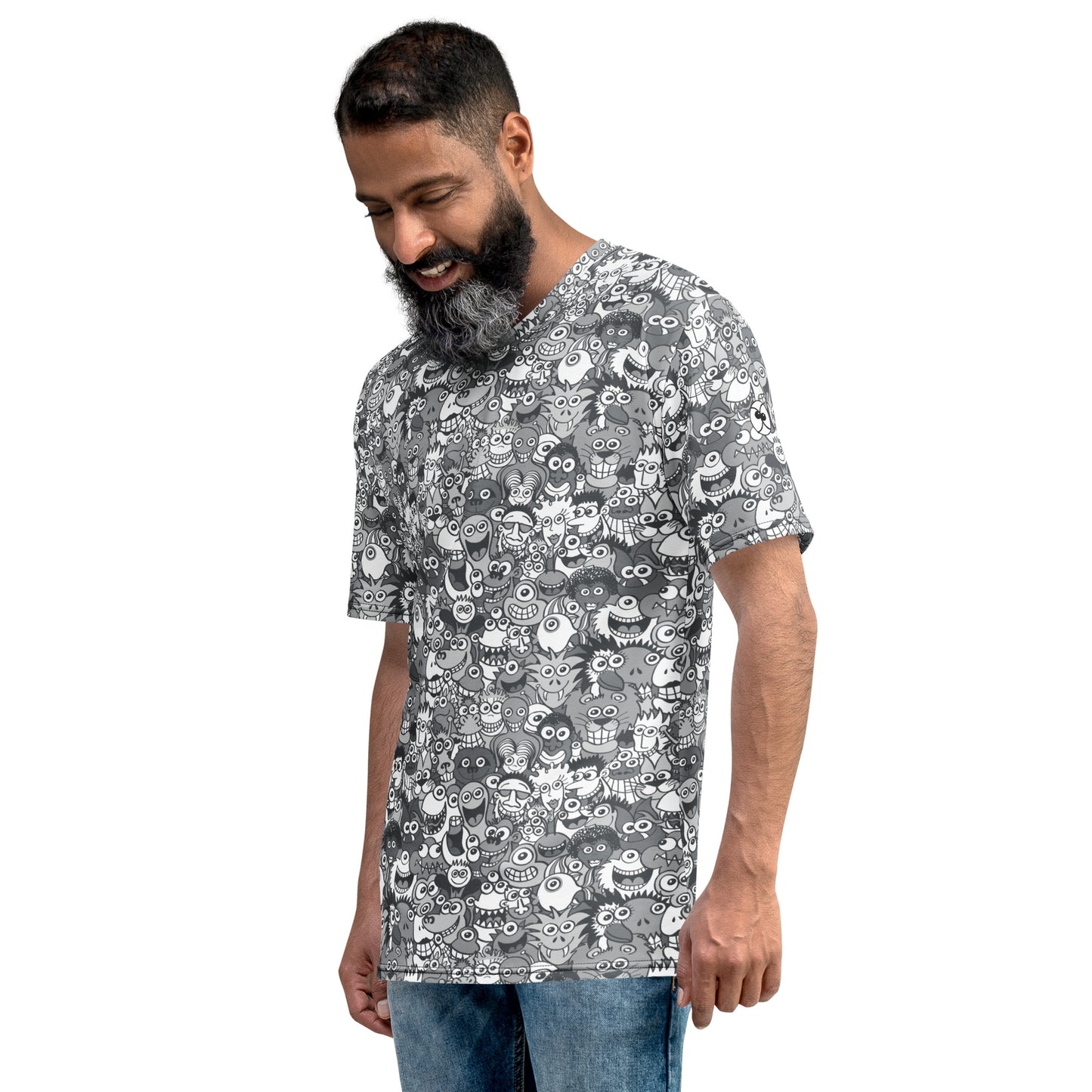 Find the gray man in the gray crowd of this gray world Men's t-shirt. Side view