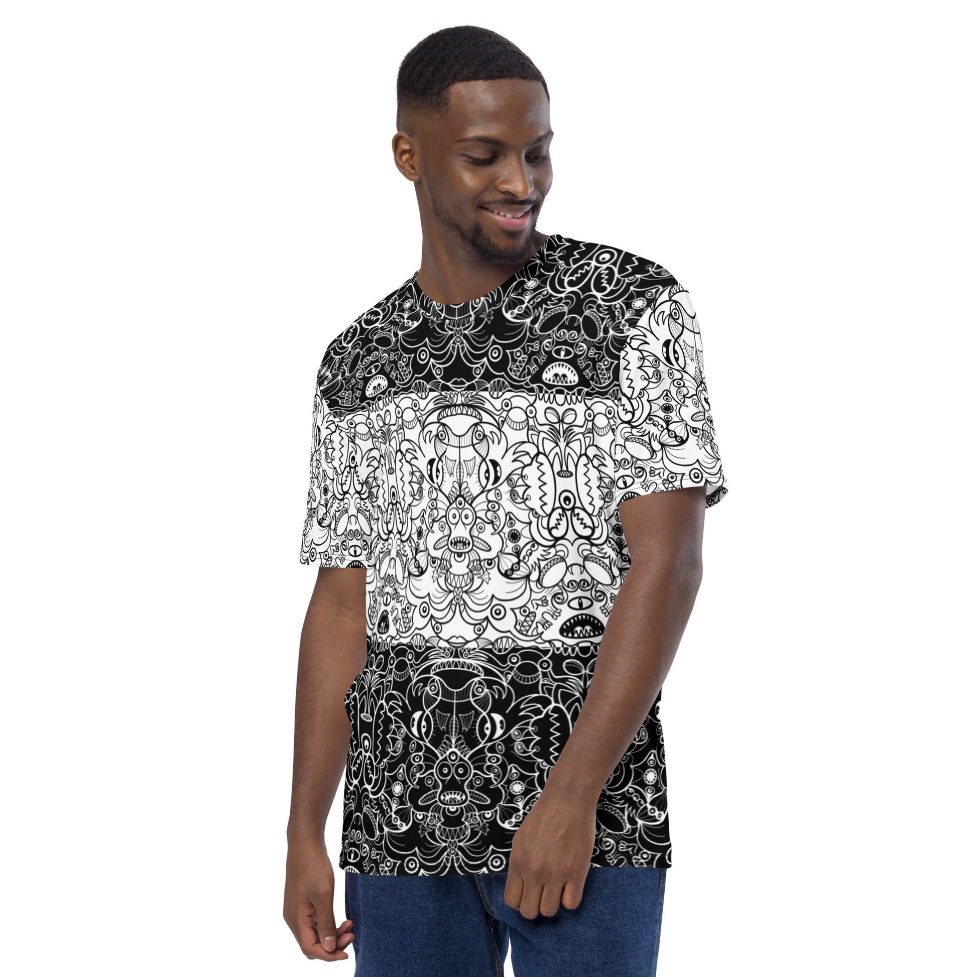 Black and white powerful Doodle world and vice versa Men's all over print t-shirt. Left view