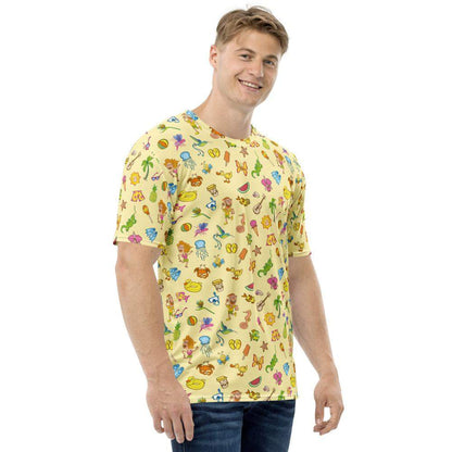 Smiling man wearing Men's T-shirt All-over printed with Enjoy happy summer pattern design