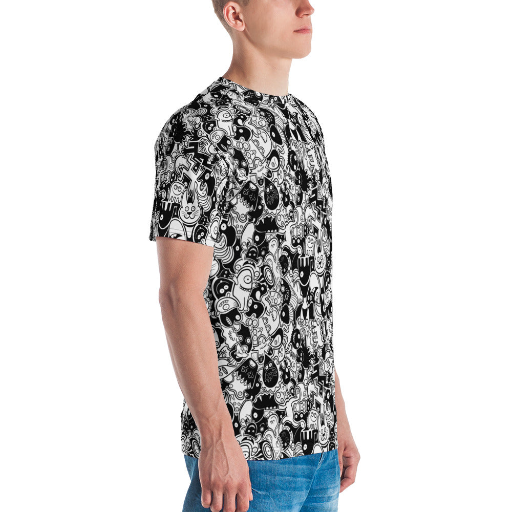 Joyful crowd of black and white doodle creatures All over print Men's t-shirt