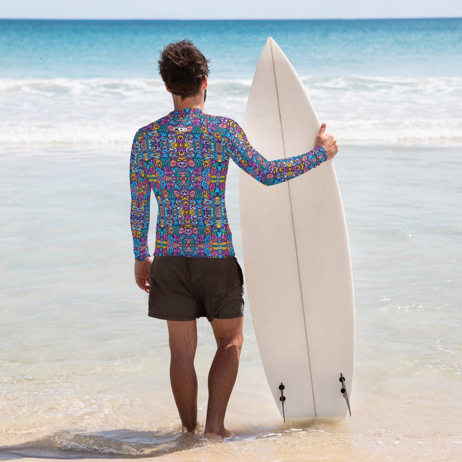 Whimsical design featuring multicolor critters from another world Men's Rash Guard. Surfer lifestyle