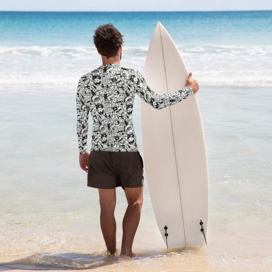 Black and white cool doodles art Men's Rash Guard. Back view. Surfer lifestyle