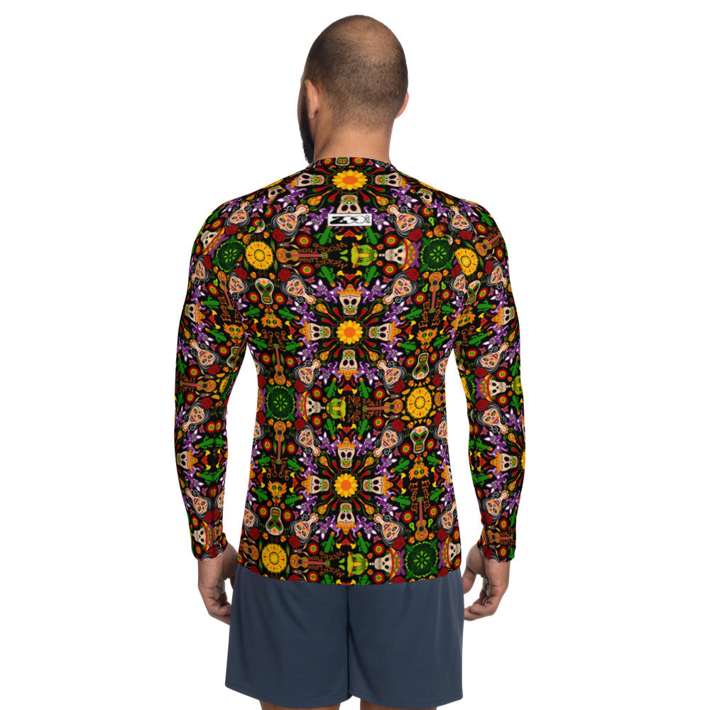 Mexican skulls celebrating the Day of the dead Men's Rash Guard. Back view