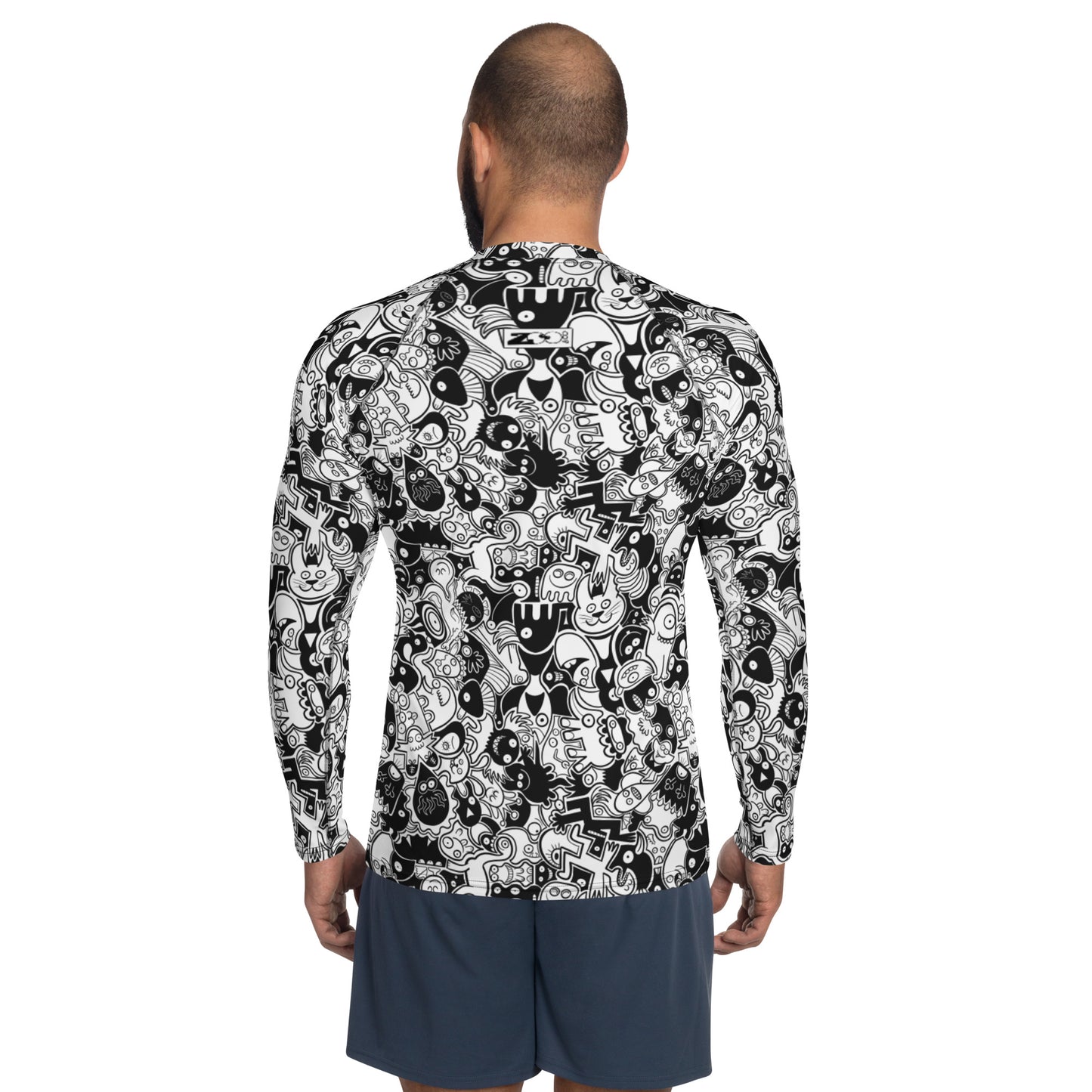 Joyful crowd of black and white doodle creatures Men's Rash Guard. Back view