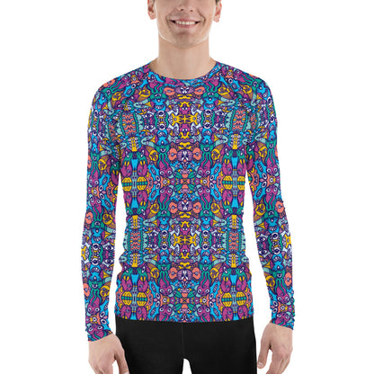 Whimsical design featuring multicolor critters from another world Men's Rash Guard. Front view