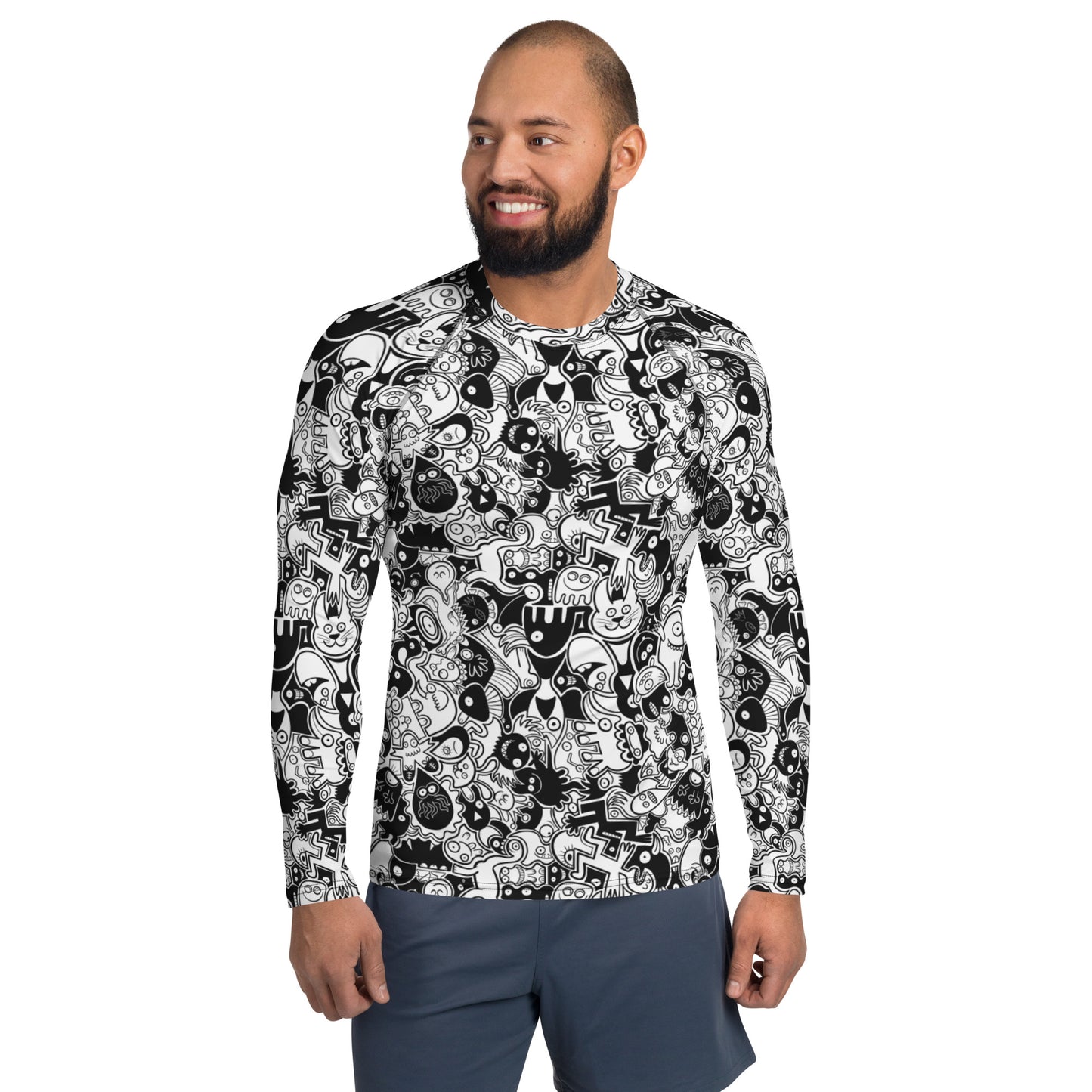 Joyful crowd of black and white doodle creatures Men's Rash Guard. Front view