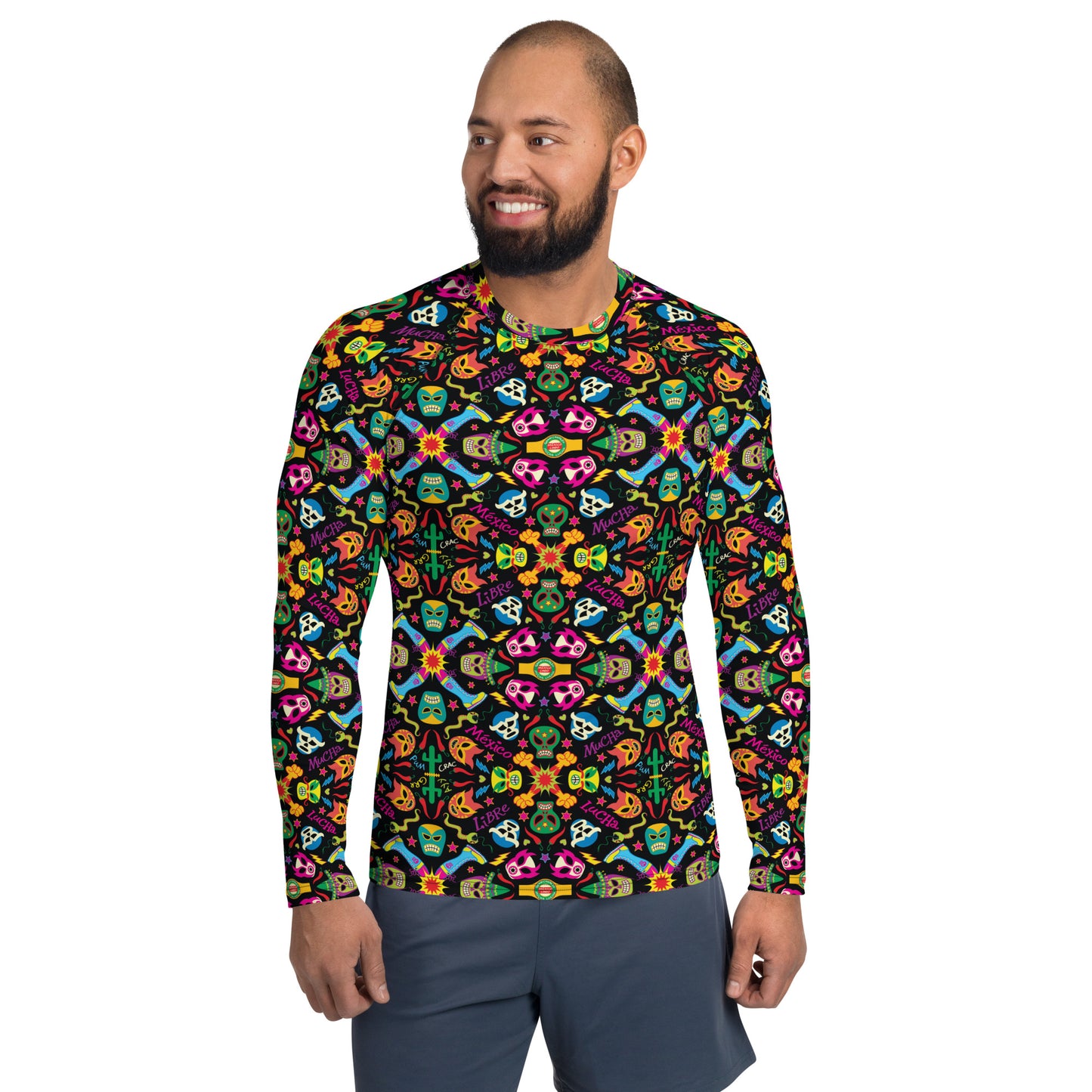 Mexican wrestling colorful party Men's Rash Guard. Smiling man wearing All-over print Rash guard by Zoo&co