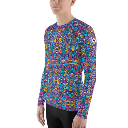 Whimsical design featuring multicolor critters from another world Men's Rash Guard. Side view