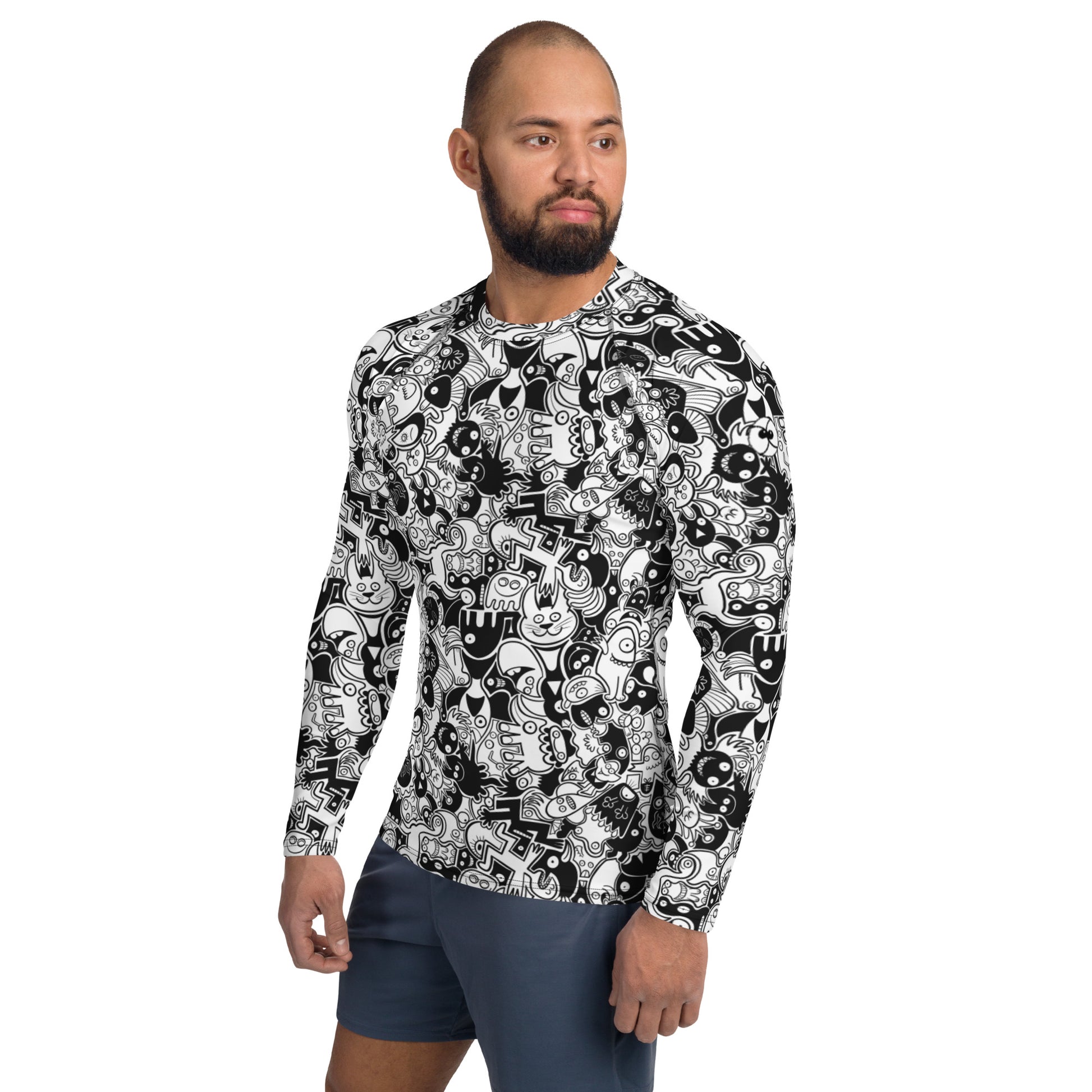 Joyful crowd of black and white doodle creatures Men's Rash Guard. Side view