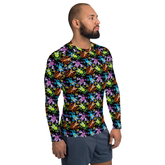 Athletic man wearing Men's Rash Guard All over printed with Bat, scorpion, lizard and frog fighting over an unlucky fly