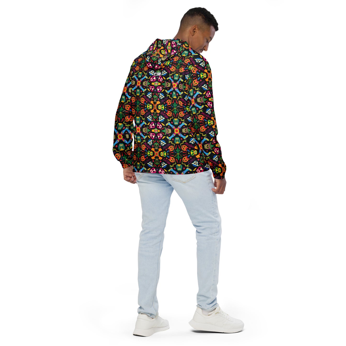 Mexican wrestling colorful party Men’s windbreaker. Back view
