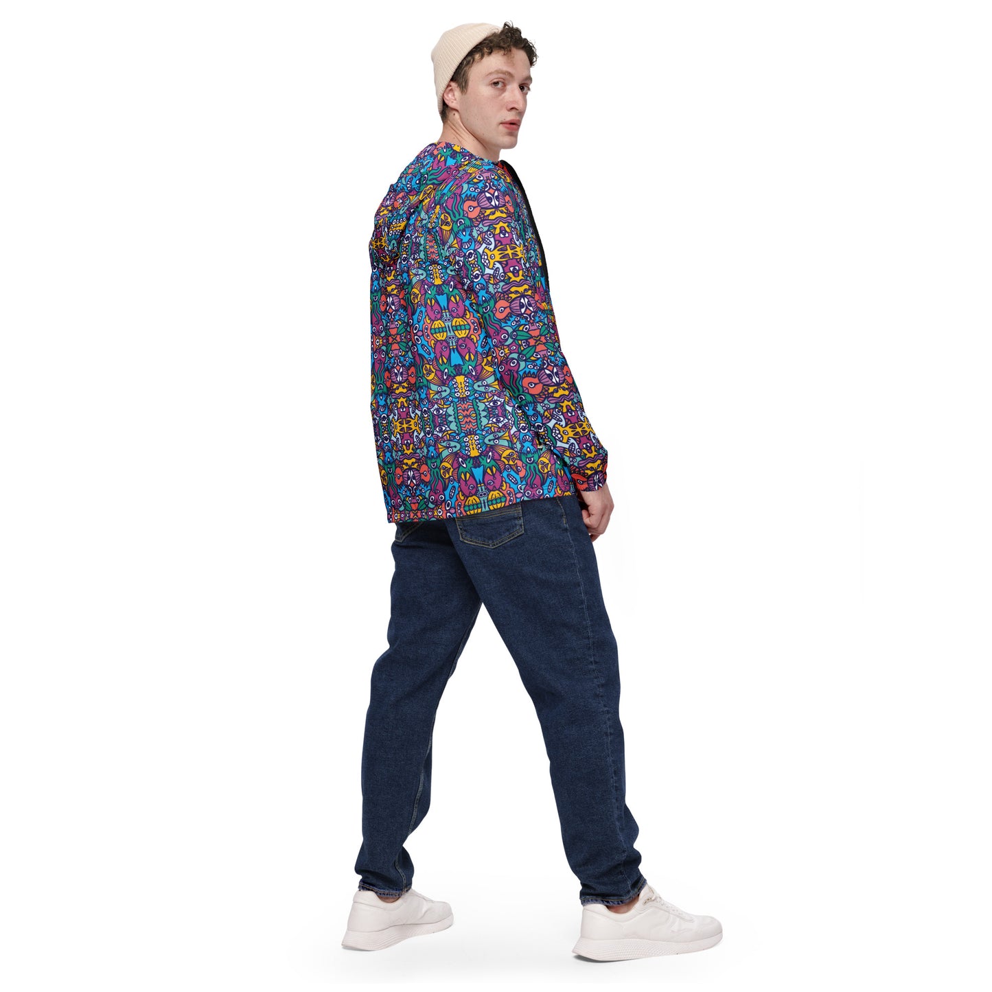 Whimsical design featuring multicolor critters from another world Men’s windbreaker. Lifestyle