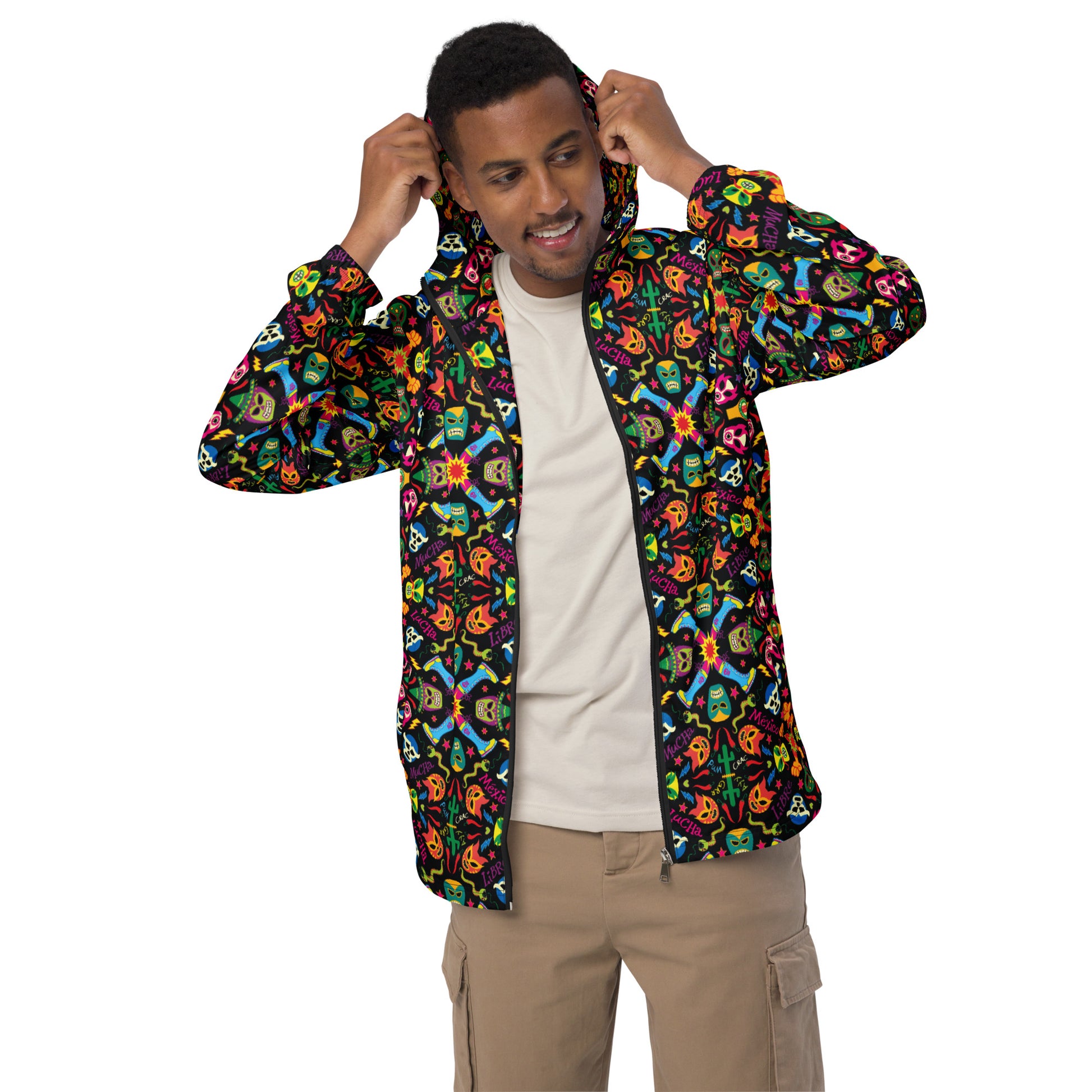 Mexican wrestling colorful party Men’s windbreaker. Front view