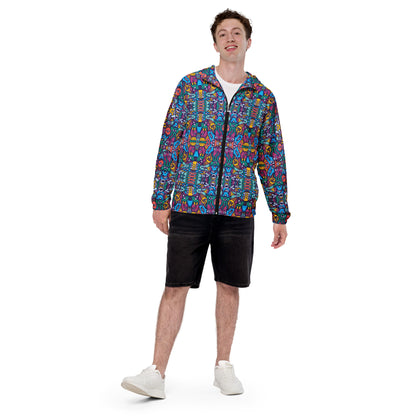 Whimsical design featuring multicolor critters from another world Men’s windbreaker. Front view