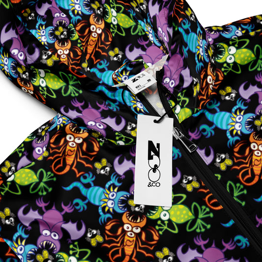 Bat, scorpion, lizard and frog fighting over an unlucky fly Men’s windbreaker. Product detail