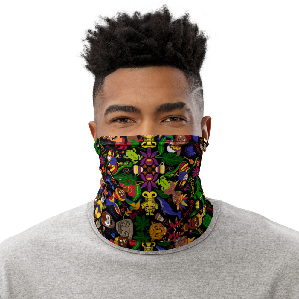 Man wearing Neck Gaiter printed with Colombia, the charm of a magical country