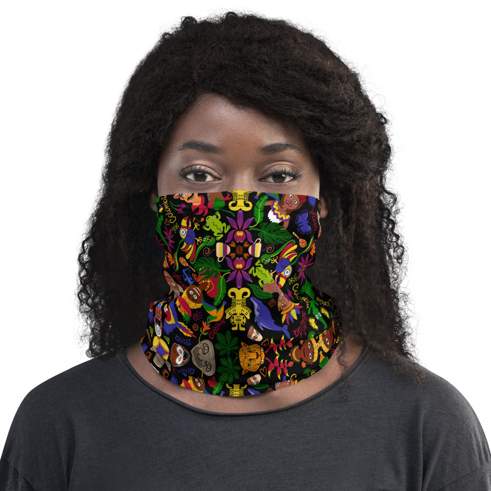 Woman wearing Neck Gaiter printed with Colombia, the charm of a magical country