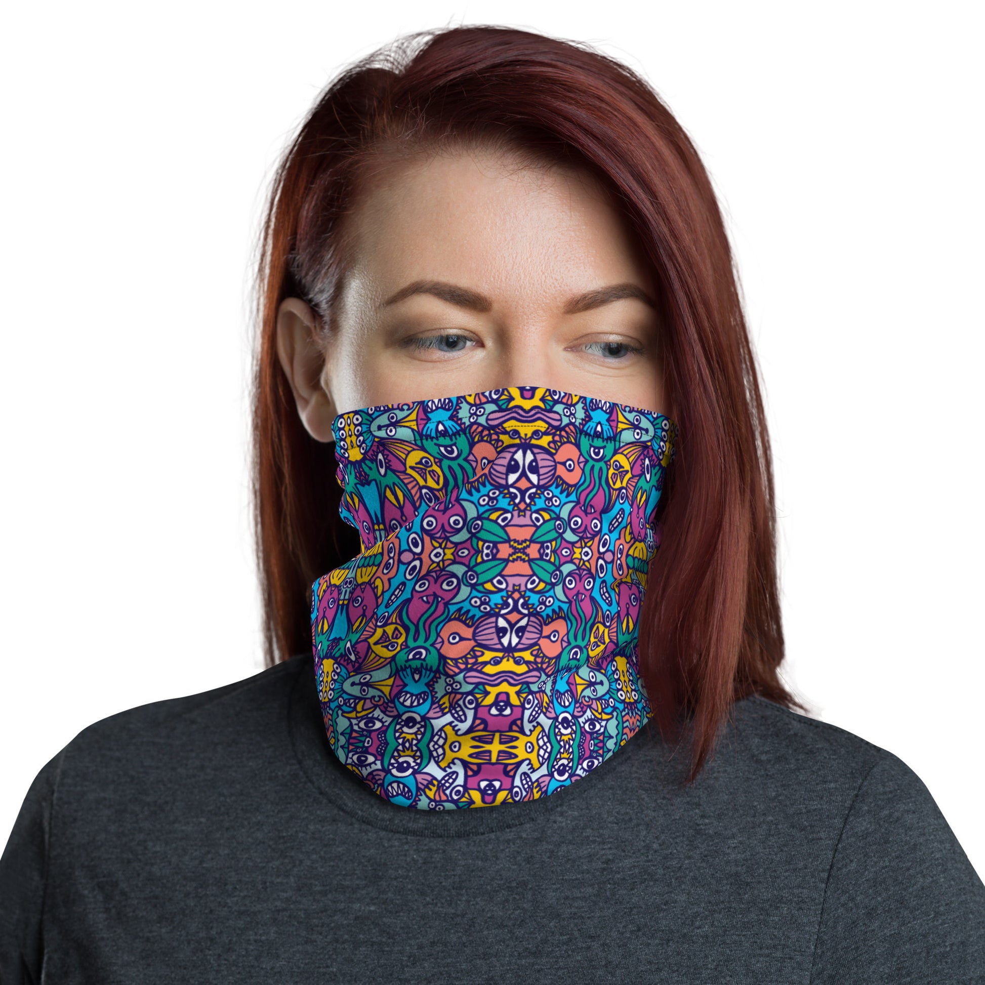 Red-haired woman wearing a Neck Gaiter all-over printed with Whimsical design featuring multicolor critters from another world