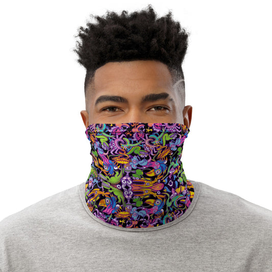 Eccentric critters in a lively crazy festival Neck Gaiter. Face covering