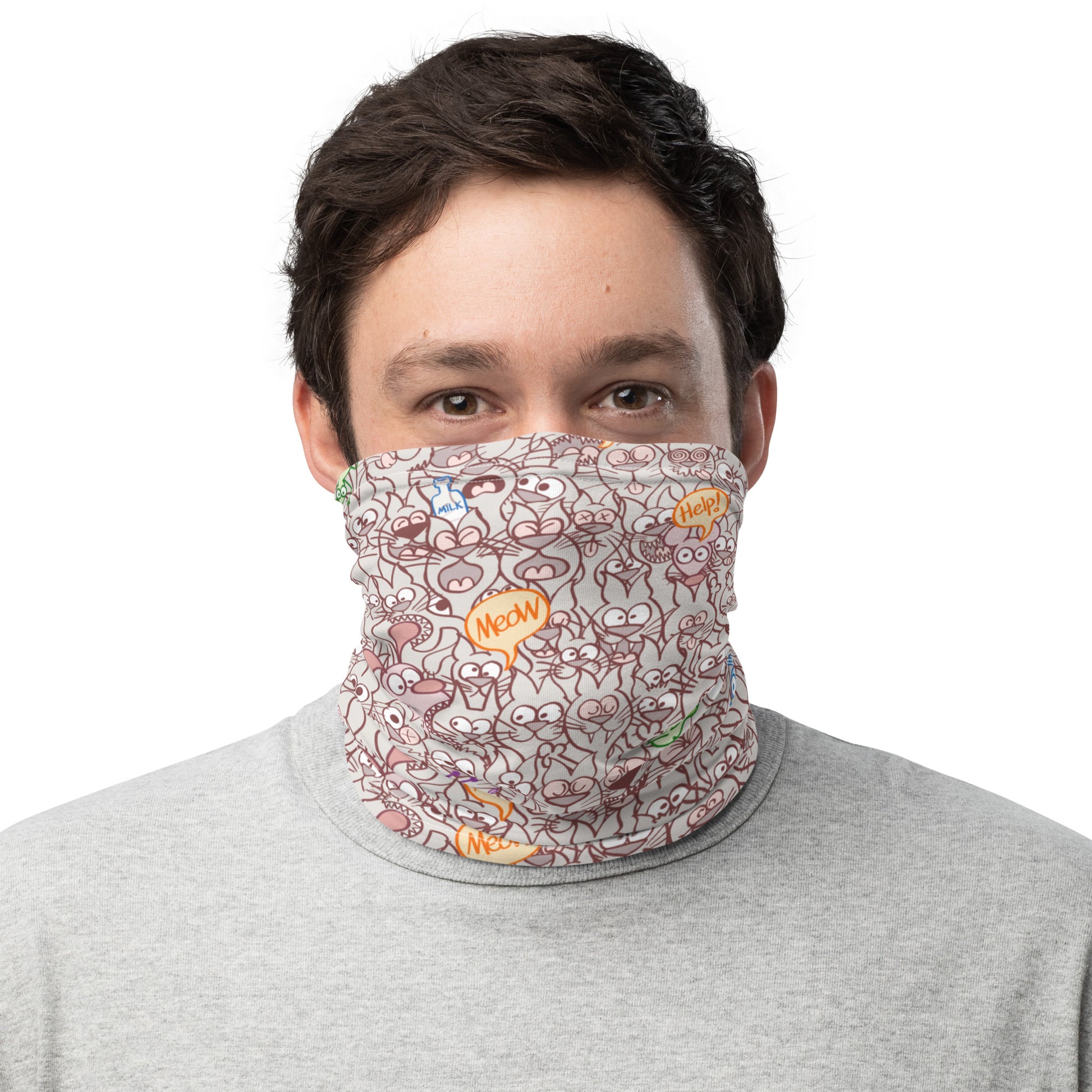 Smiling man wearing Neck Gaiter All-over printed with Exclusive design only for real cat lovers. Mouth cover