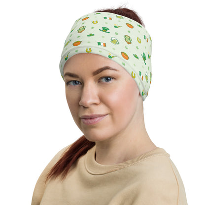 Red haired woman smiling and wearing Neck Gaiter All-over printed with Celebrate Saint Patrick's Day in style pattern design