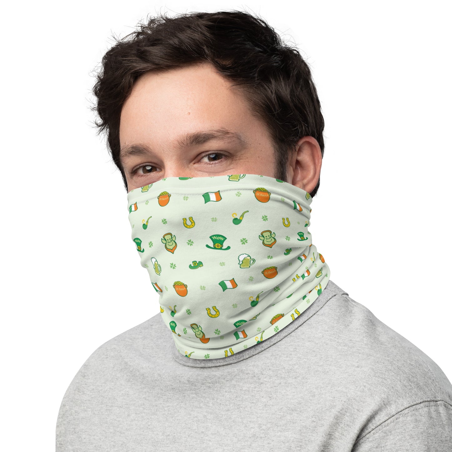 Smiling man wearing Neck Gaiter All-over printed with Celebrate Saint Patrick's Day in style pattern design