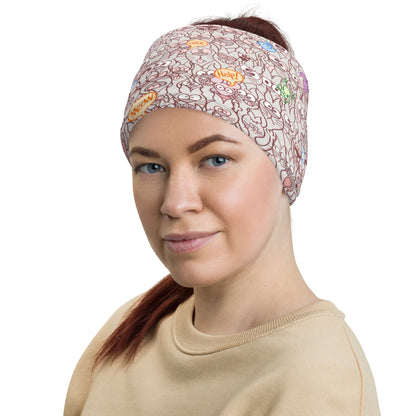 Beautiful woman wearing Neck Gaiter All-over printed with Exclusive design only for real cat lovers. Headband