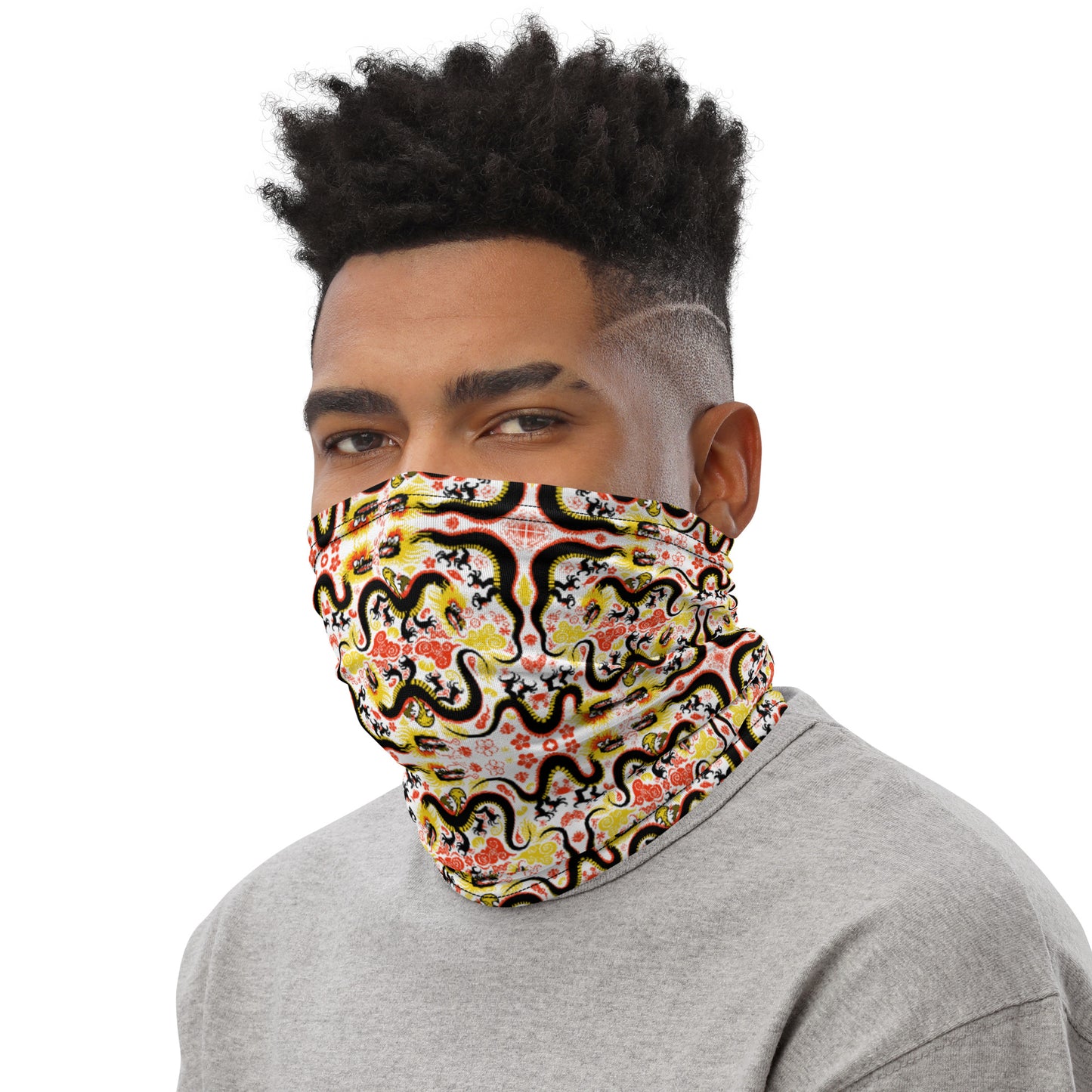 Man wearing Neck Gaiter All-over printed with Legendary Chinese dragons pattern art. Neck warmer