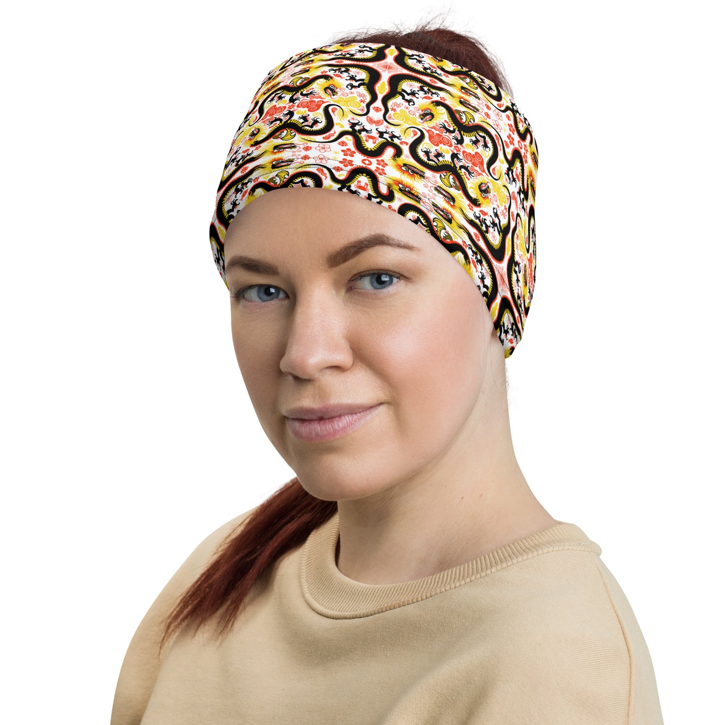Beautiful woman wearing Neck Gaiter All-over printed with Legendary Chinese dragons pattern art. Headband