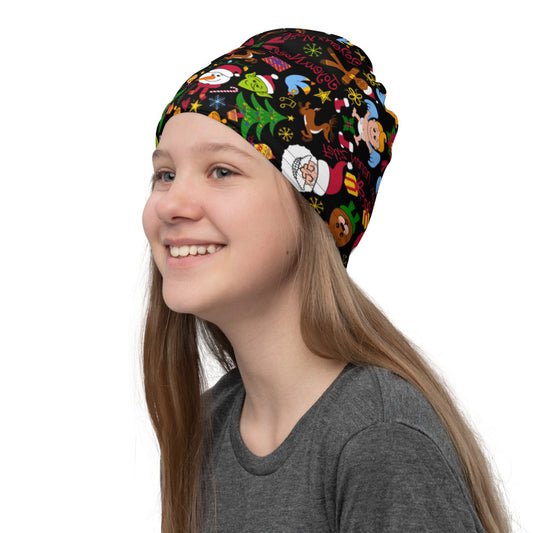 Smiling girl wearing a Neck Gaiter printed with The joy of Christmas pattern design