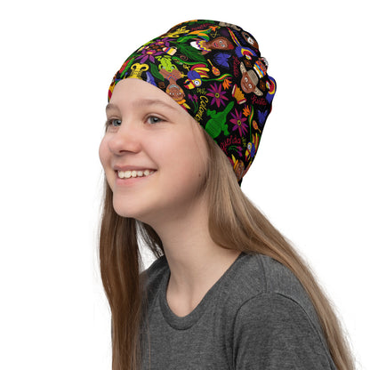 Young woman wearing Neck Gaiter as a hat printed with Colombia, the charm of a magical country