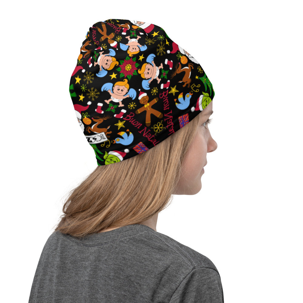 Beautiful girl wearing a Neck Gaiter printed with The joy of Christmas pattern design. Zoo&co logo back printed