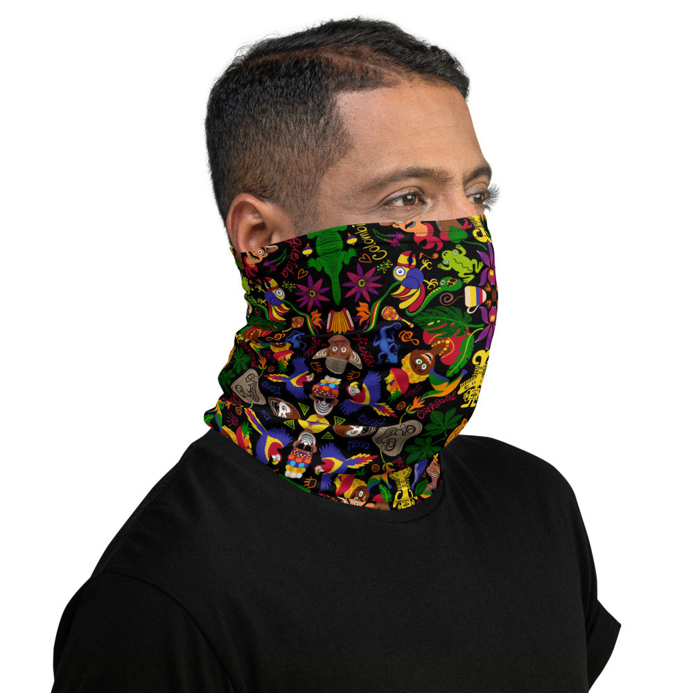Man wearing Neck Gaiter printed with Colombia, the charm of a magical country. Side view