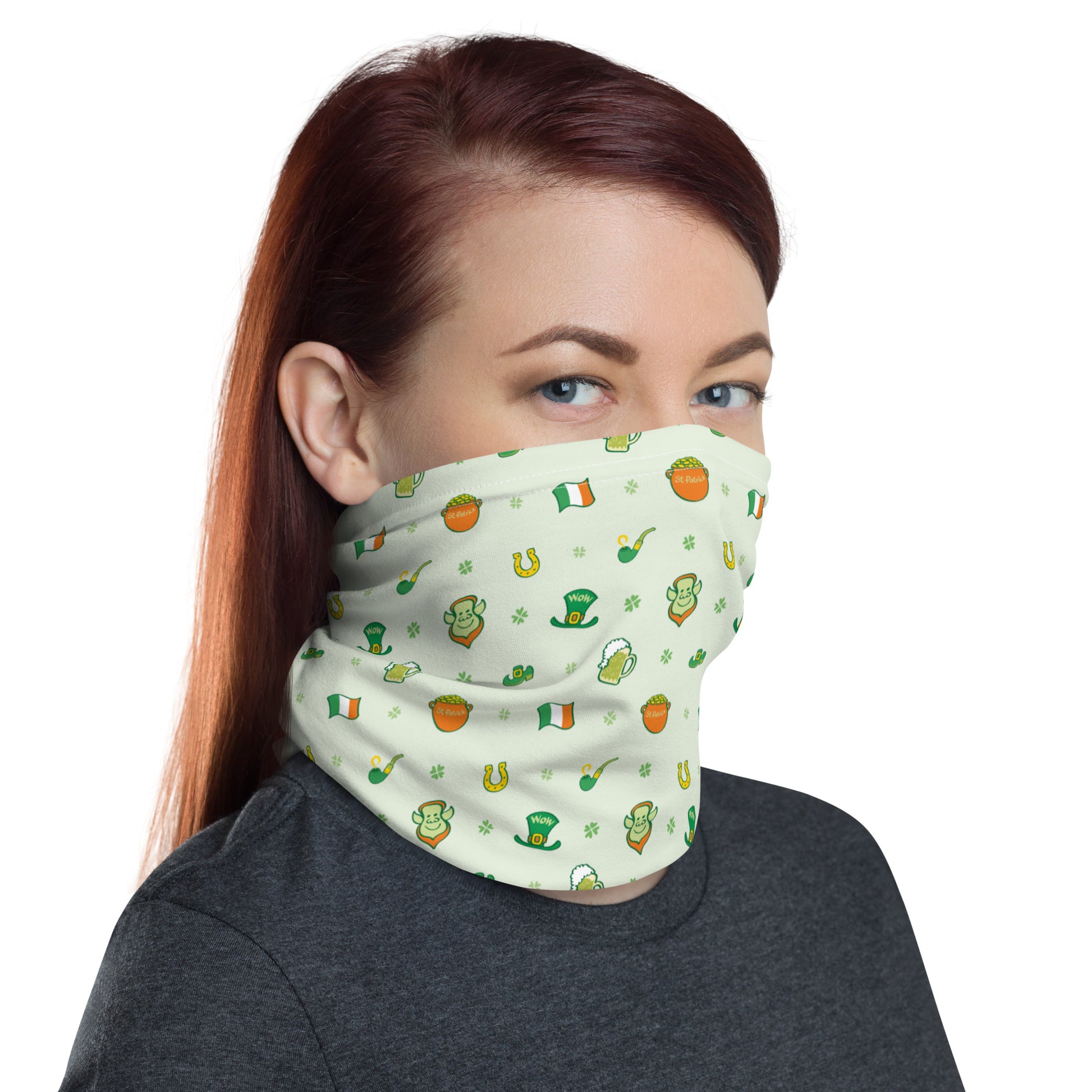 Red-haired woman wearing Neck Gaiter All-over printed with Celebrate Saint Patrick's Day in style pattern design