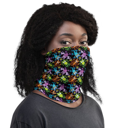 Nice woman covering her mouth with a Neck Gaiter all-over printed with Bat, scorpion, lizard and frog fighting over an unlucky fly