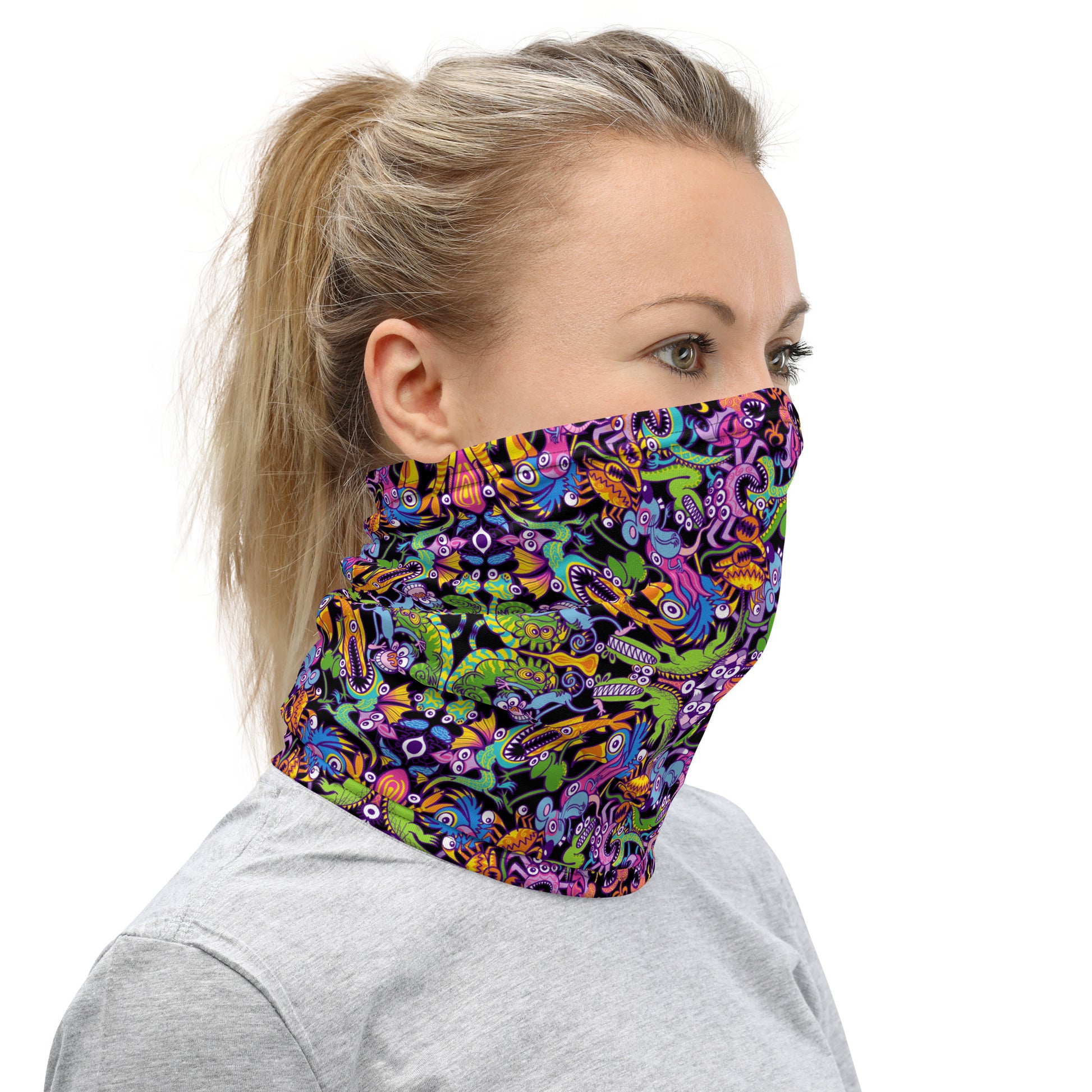 Eccentric critters in a lively crazy festival Neck Gaiter. Neck warmer