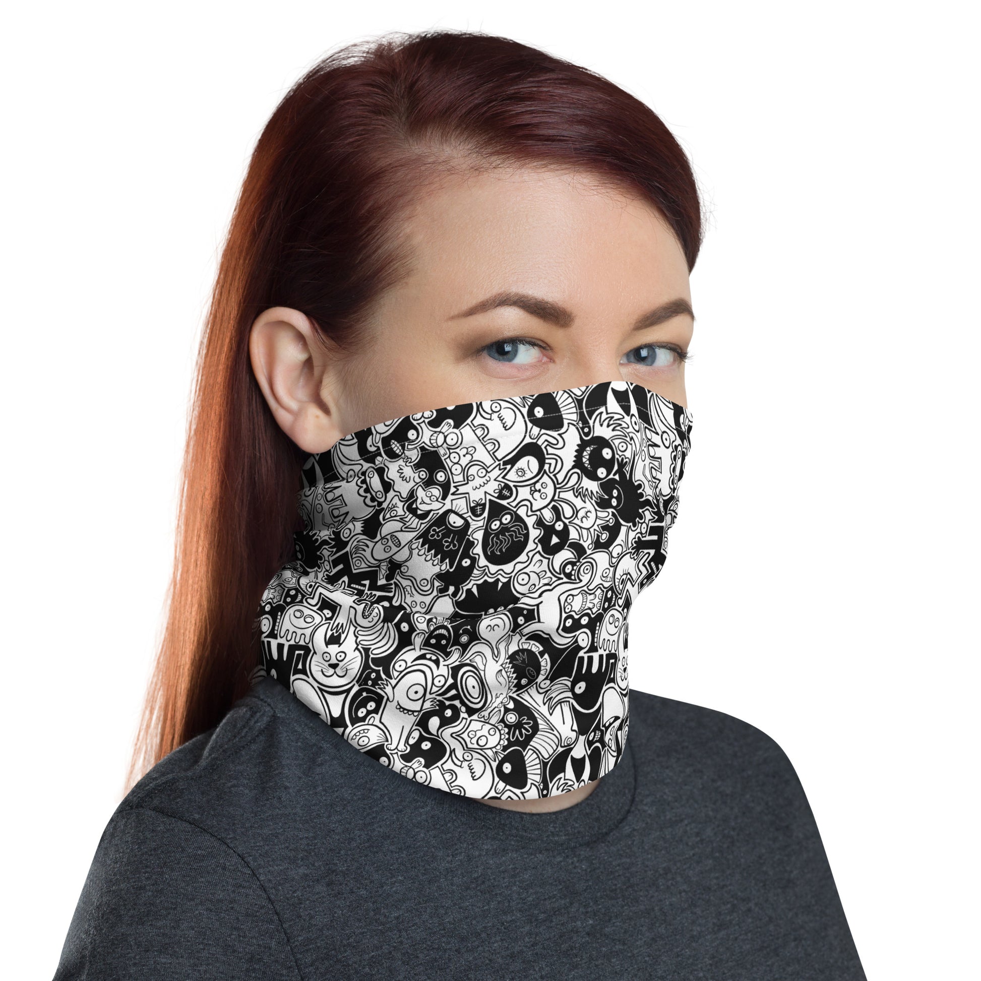 Beautiful woman wearing Neck Gaiter All-over printed with Joyful crowd of black and white doodle creatures. Neck warmer