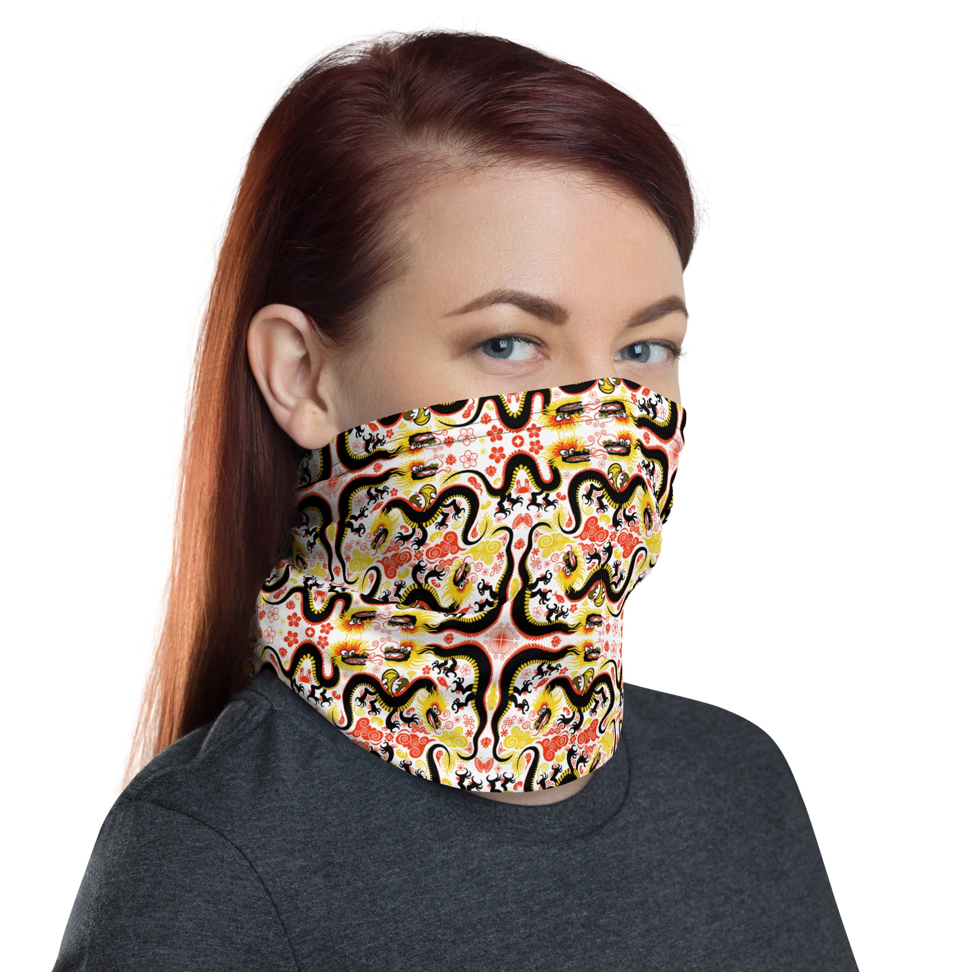 Red-haired woman wearing Neck Gaiter All-over printed with Legendary Chinese dragons pattern art. Neck warmer