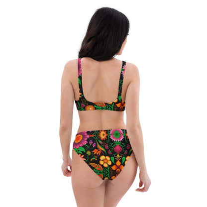 Wild flowers in a luxuriant jungle Recycled high-waisted bikini. Back view