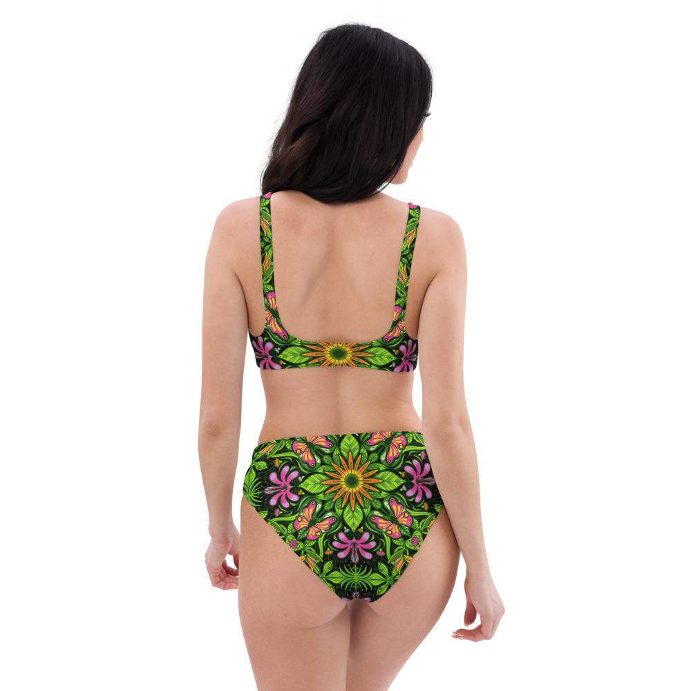 Magical garden full of flowers and insects Recycled high-waisted bikini. Back view