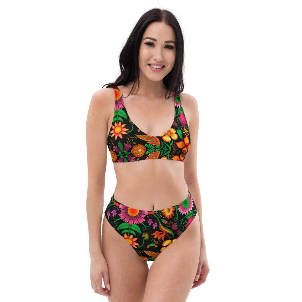Wild flowers in a luxuriant jungle Recycled high-waisted bikini. Front view