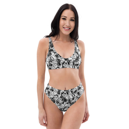 Joyful crowd of black and white doodle creatures Recycled high-waisted bikini. Front view