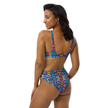 Whimsical design featuring multicolor critters from another world Recycled high-waisted bikini. Back view