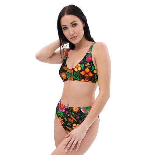 Wild flowers in a luxuriant jungle Recycled high-waisted bikini. Side view
