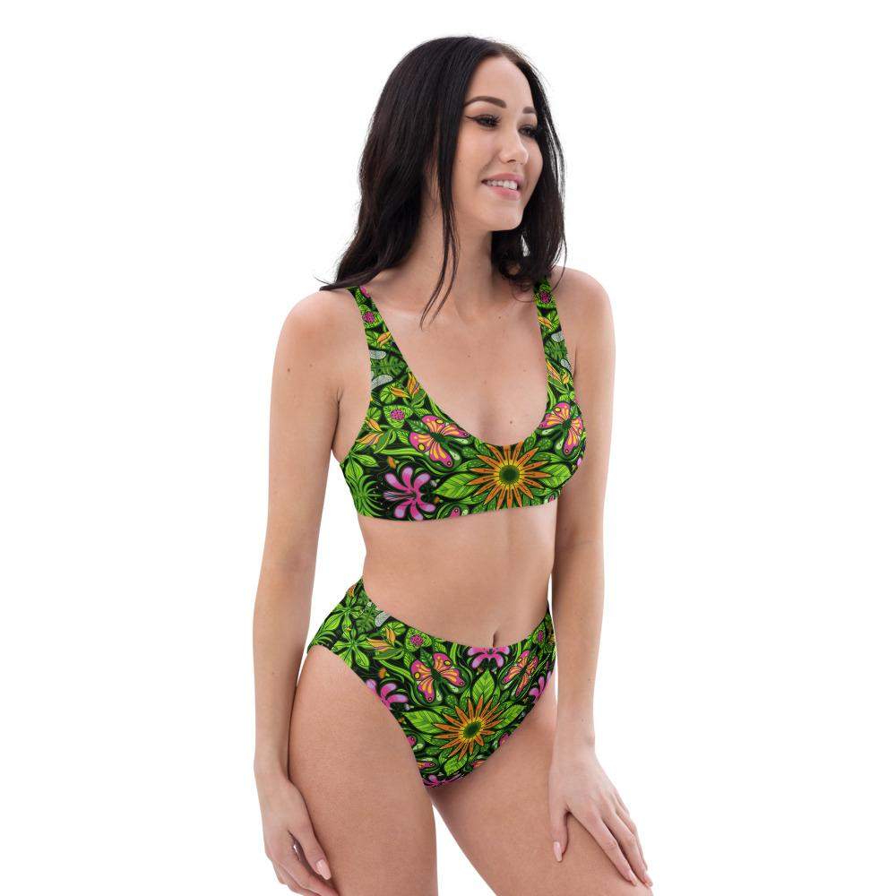 Magical garden full of flowers and insects Recycled high-waisted bikini. Side view