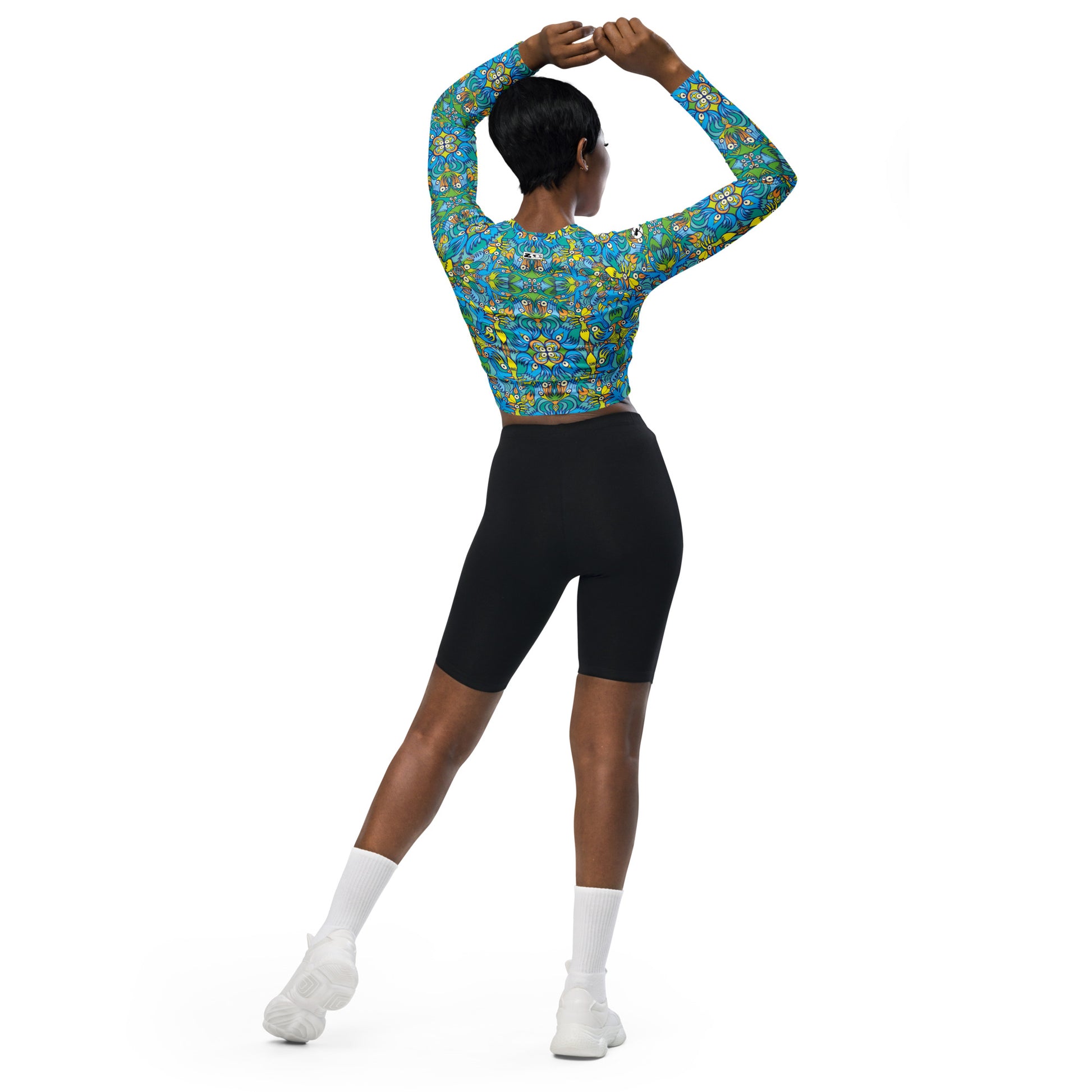 Exotic birds tropical pattern Recycled long-sleeve crop top. Lifestyle