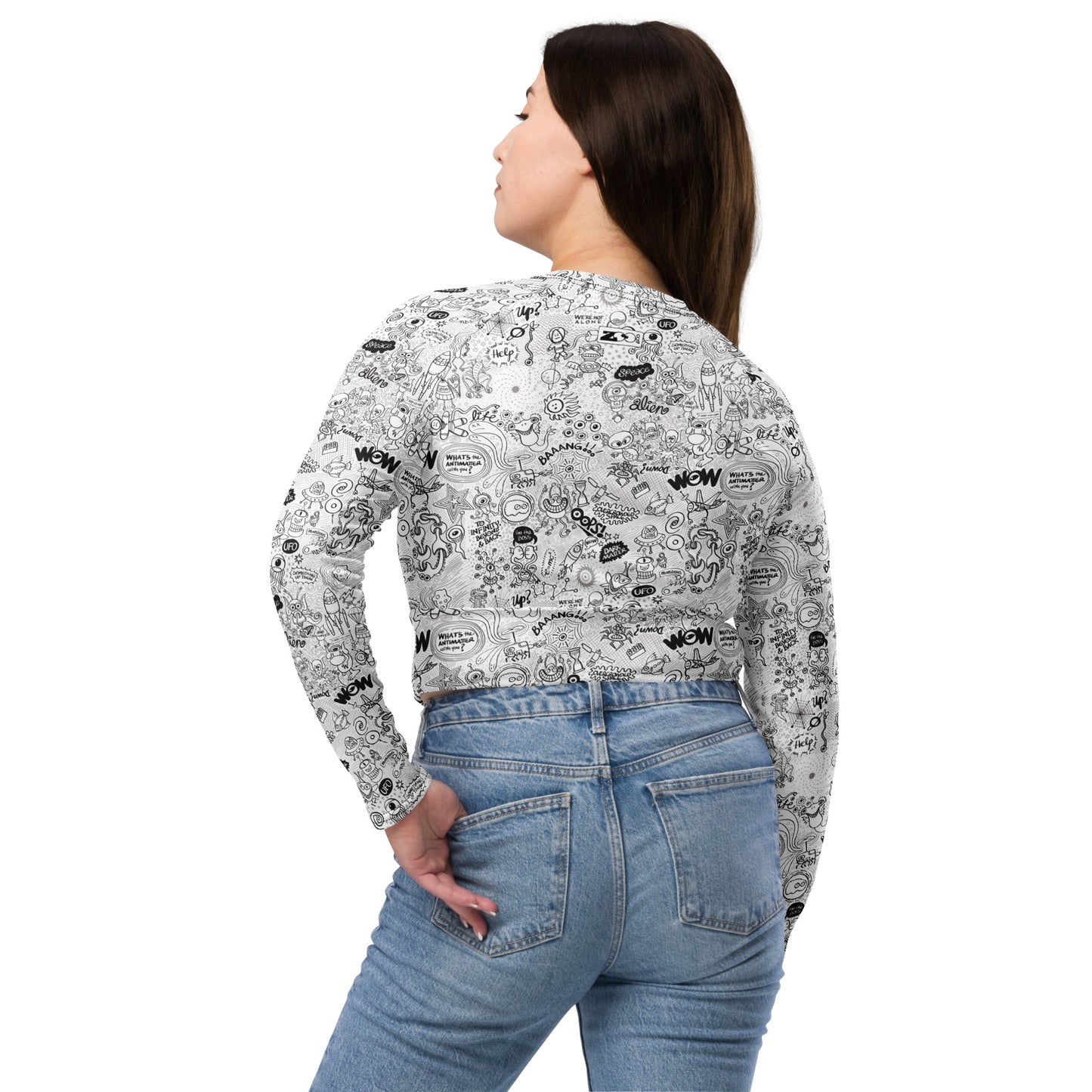 Celebrating the most Comprehensive Doodle art of the Universe Recycled long-sleeve crop top. Back view