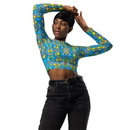 Exotic birds tropical pattern Recycled long-sleeve crop top. Front view