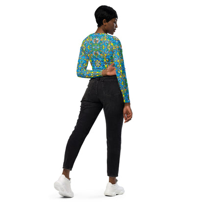 Exotic birds tropical pattern Recycled long-sleeve crop top. Side view