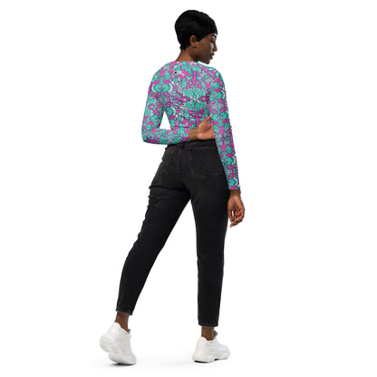 Sea creatures from an alien world Recycled long-sleeve crop top. Back view